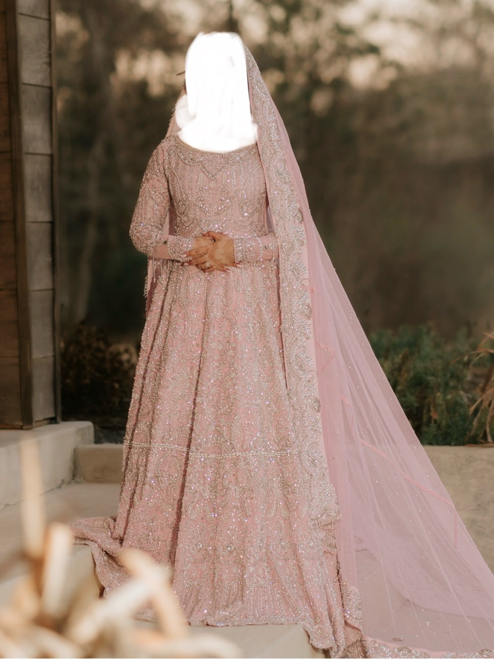 Pink Pakistani bridal dress Walima with veil